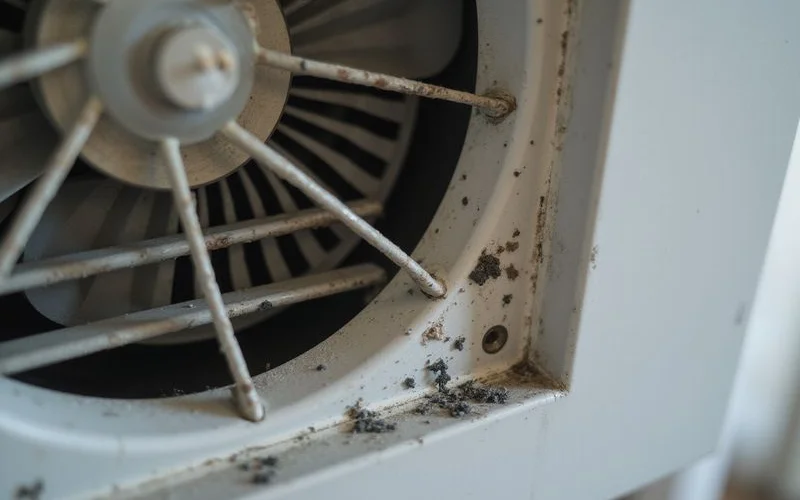 Visible black mould on the blower wheel and coil — the source of the smell