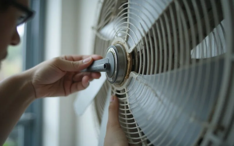 A technician inspecting a worn fan blade bearing, a common source of noise
