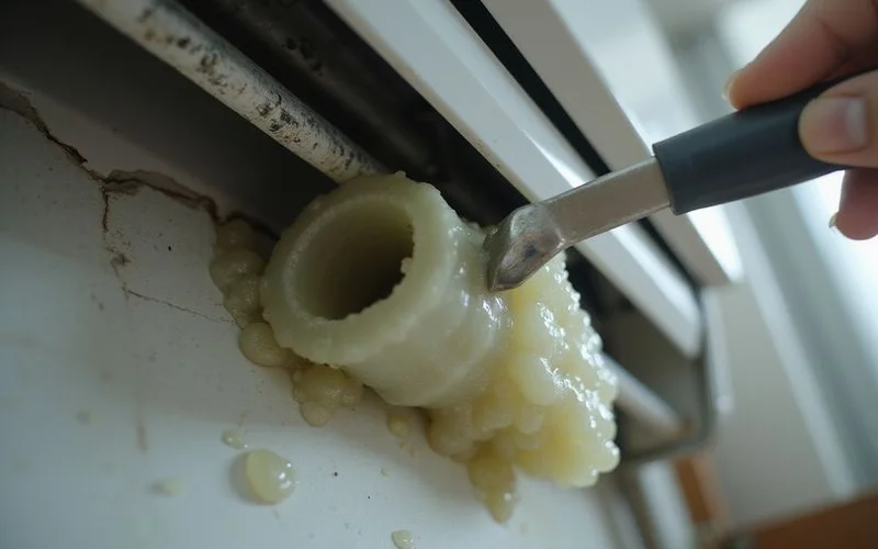 A blocked aircon drain line being cleared by a technician