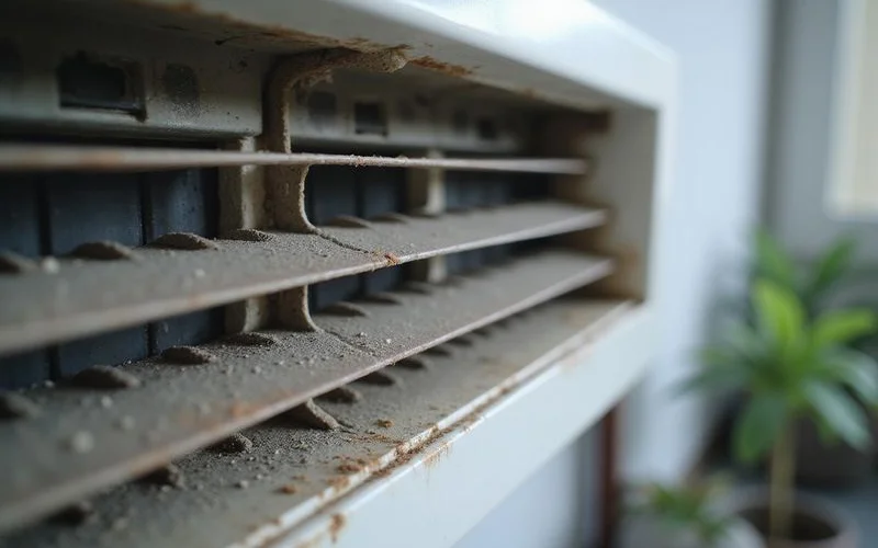 Dust caked into condenser coil fins, restricting heat exchange