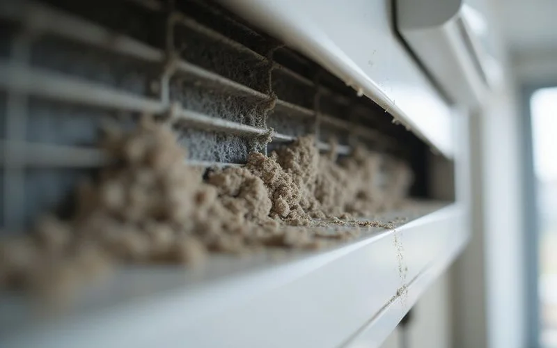 A heavily clogged aircon filter — one of the most common causes of weak cooling