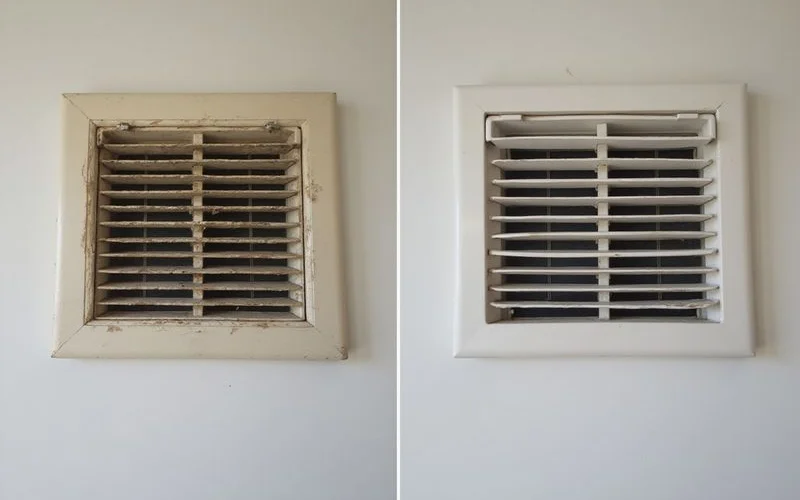 Before/after comparison: mouldy vent vs after chemical wash