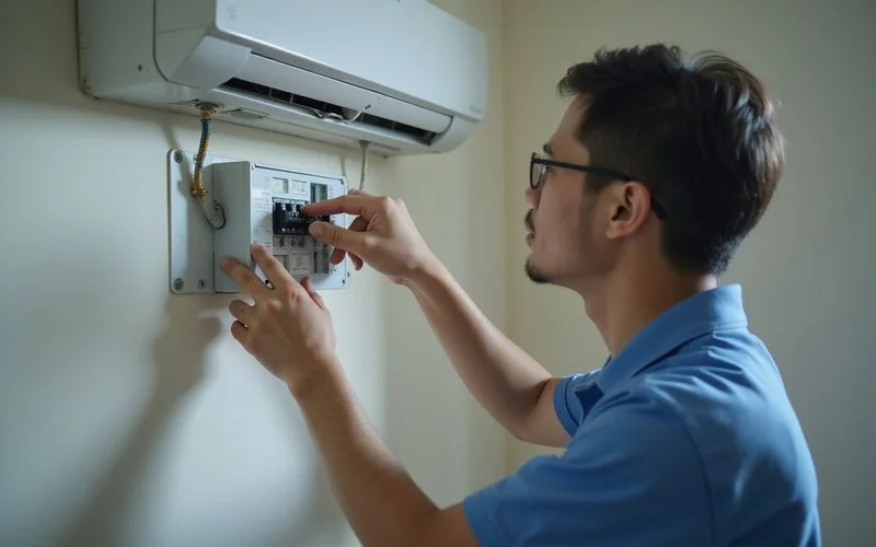 A technician checking the isolator and breaker during a 'no power' diagnosis