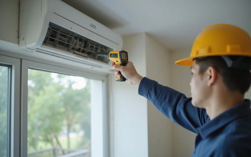 An AirCond Master technician measuring vent outlet temperature during a cooling diagnosis