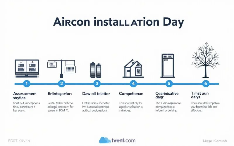 Timeline of an aircon installation day from arrival to commissioning
