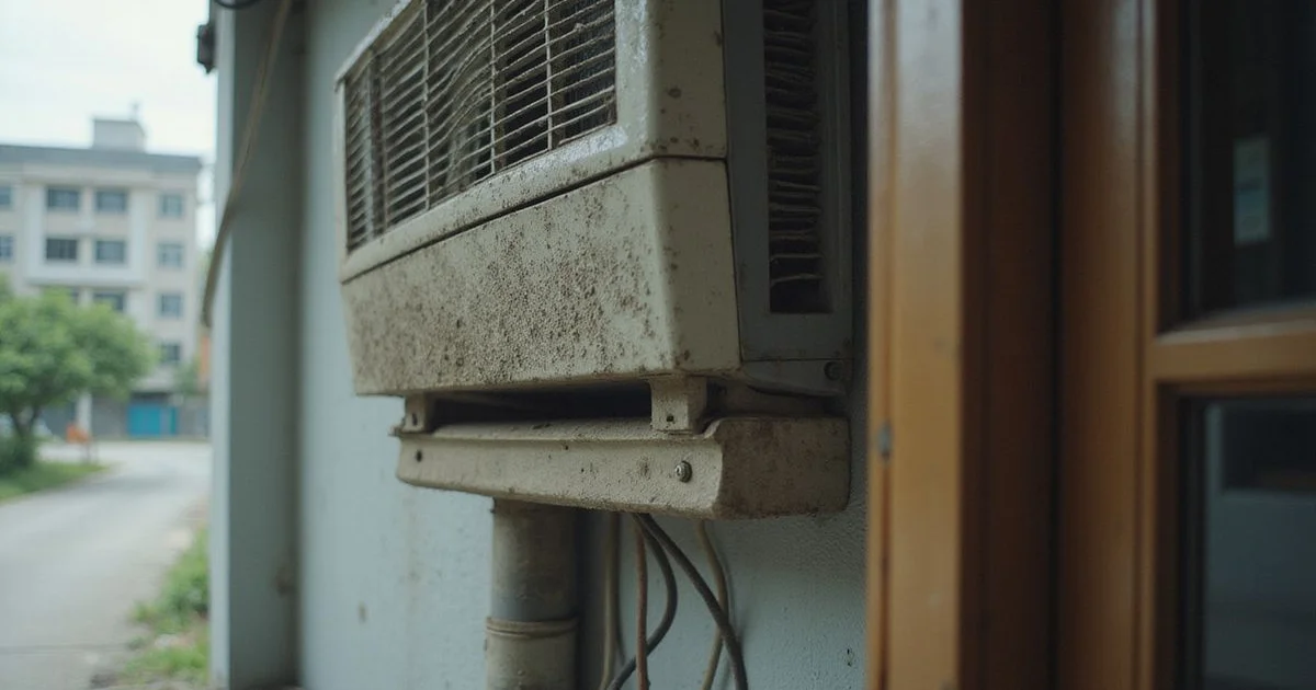 An outdoor aircon condenser visibly coated in dust from a busy Cheras road