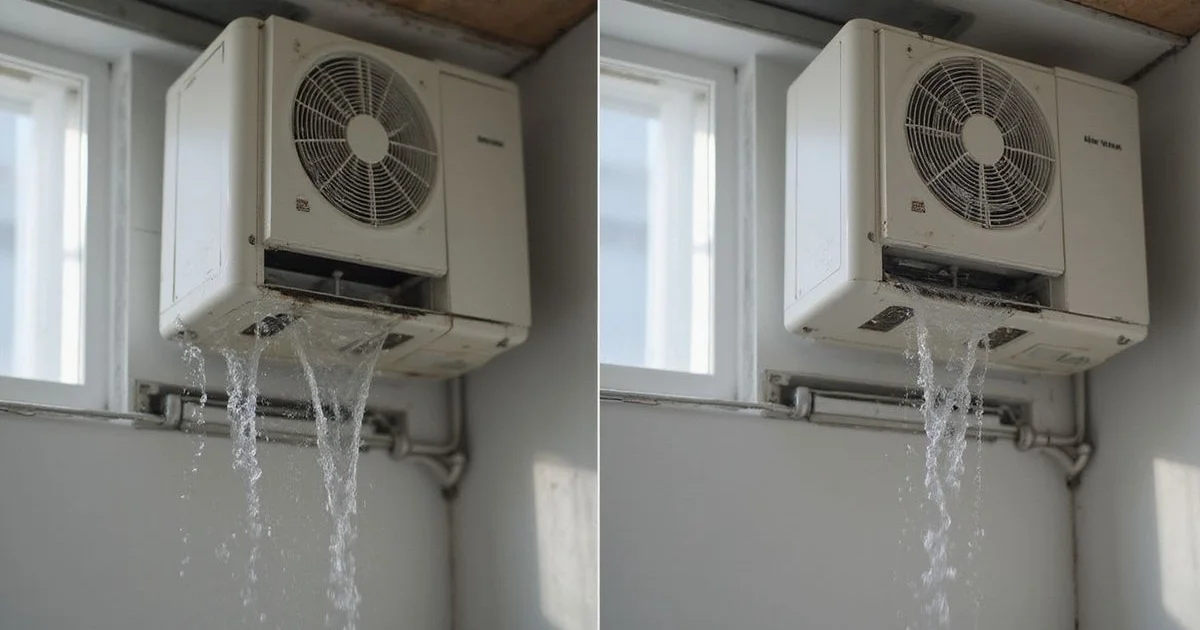 Before/after view: persistently leaking aircon vs same unit post-overhaul