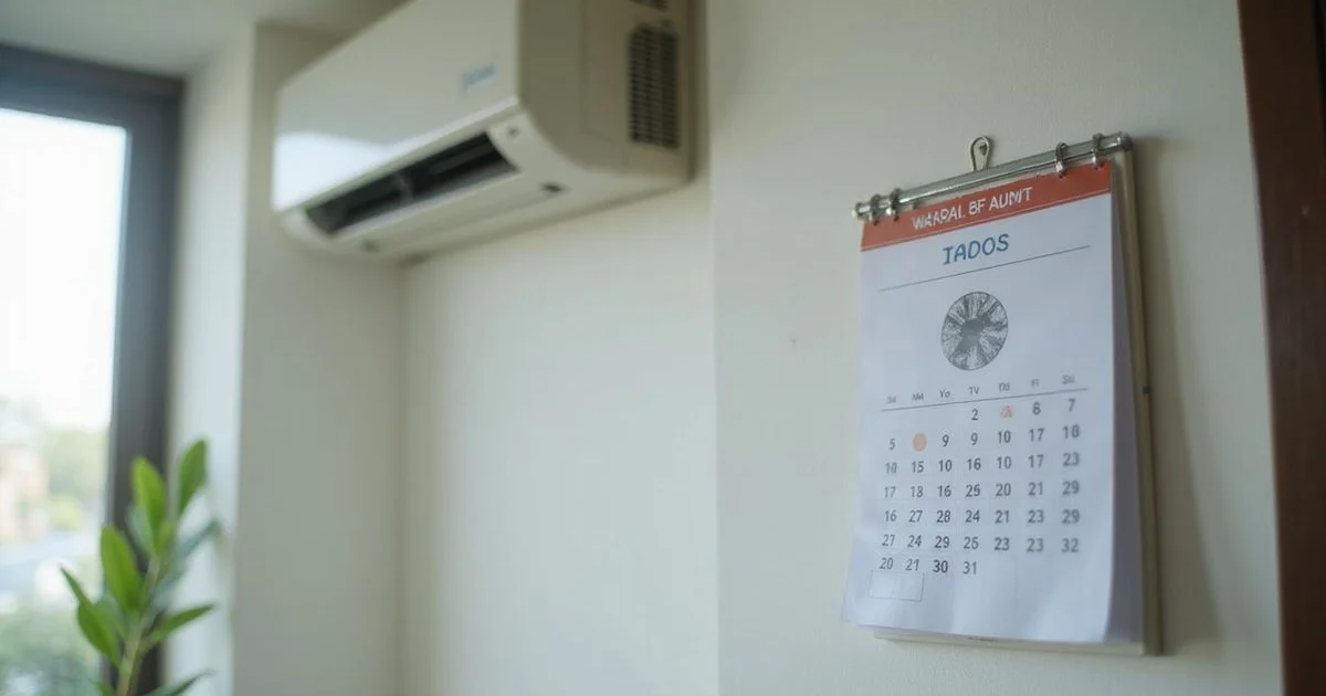Annual chemical wash date marked on a calendar next to an aircon unit