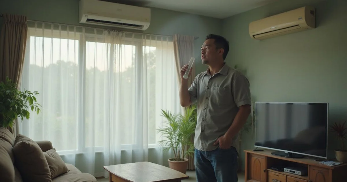 A homeowner in Cheras checking a wall-mounted aircon unit that's running but blowing warm air