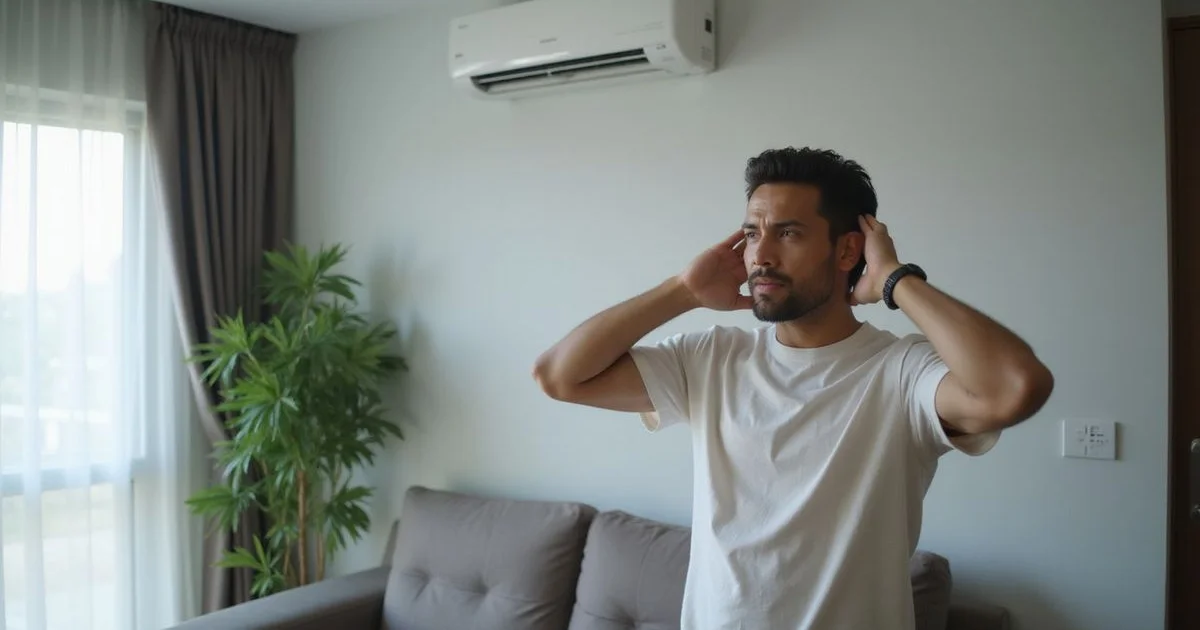 Homeowner reacting to a noisy aircon unit in a Cheras living room