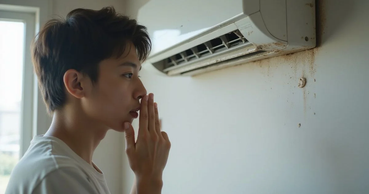 Homeowner reacting to a musty smell from a wall-mounted aircon