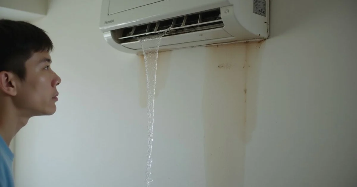 Water dripping from an aircon indoor unit — a clear sign servicing is overdue