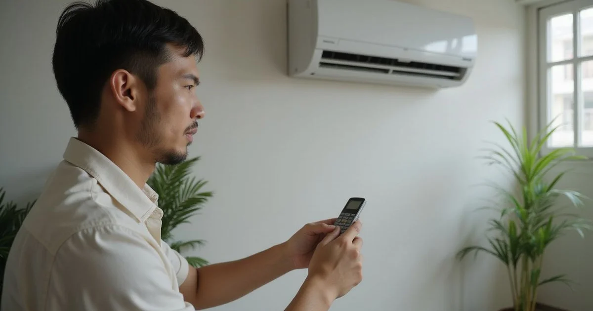 Homeowner trying a remote control on an aircon that refuses to switch on
