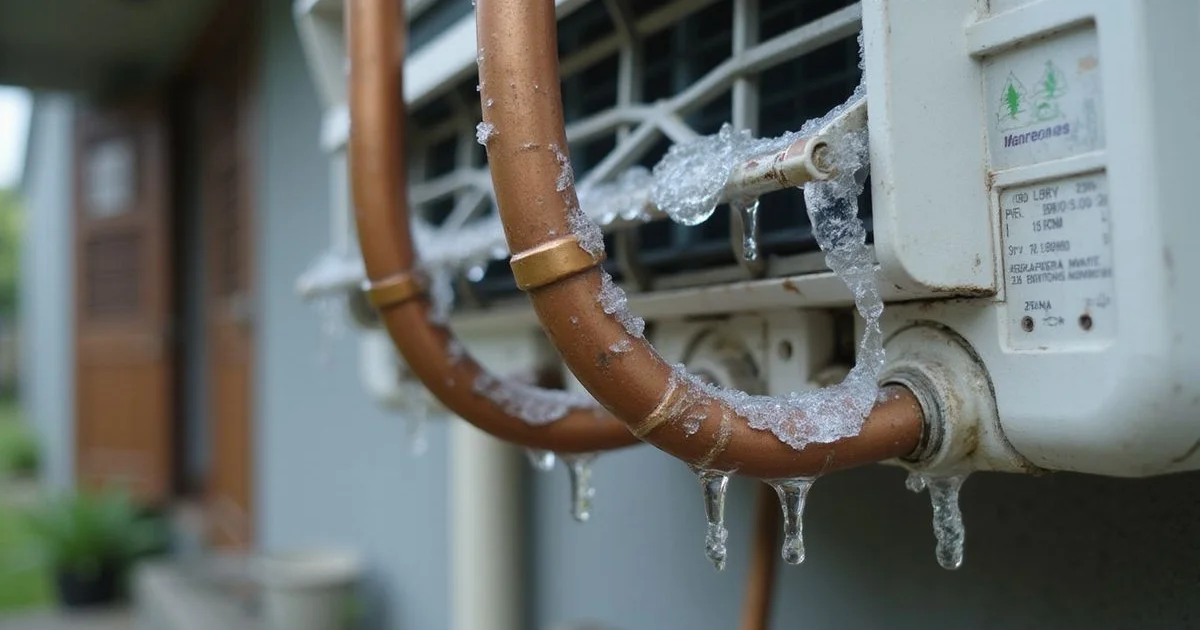 Ice forming on copper pipes — a classic sign of low refrigerant