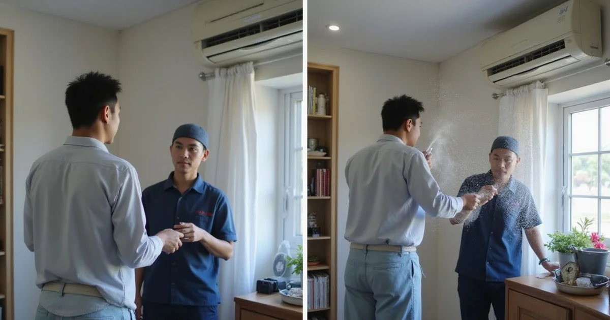 Side-by-side comparison of normal aircon service vs a chemical wash