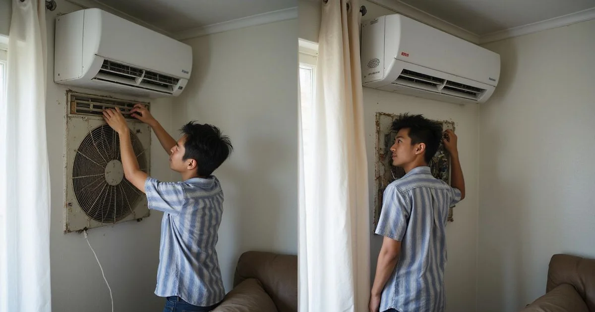 Old aircon being repaired alongside a newly installed inverter unit