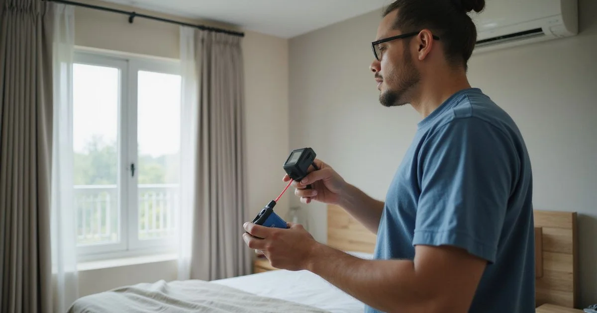 A technician measuring a bedroom to recommend the right aircon HP rating