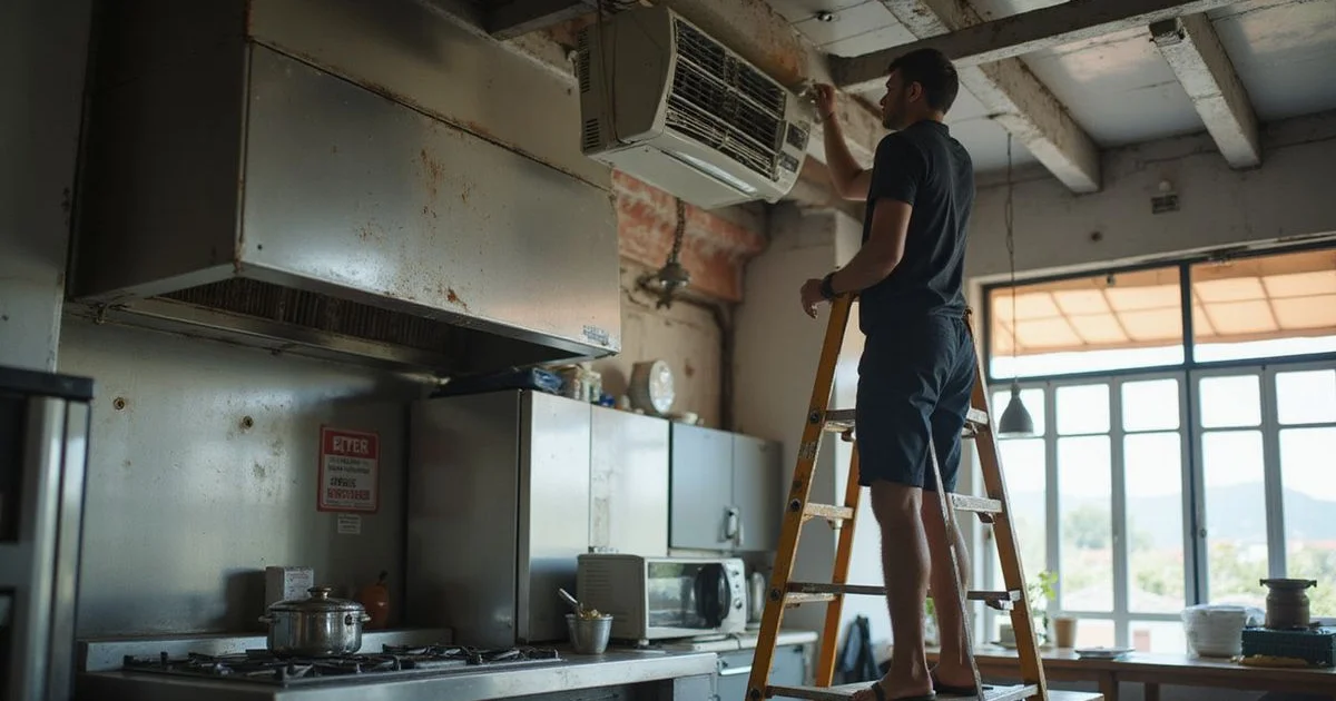 Technician servicing a ceiling cassette in a Cheras cafe kitchen