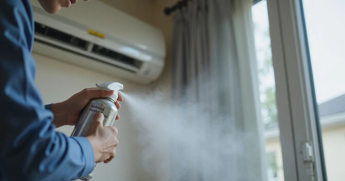 A technician applying chemical degreaser to an aircon evaporator coil