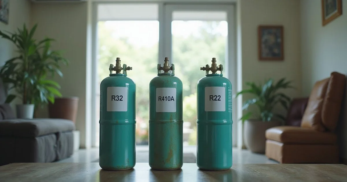 R32, R410A and R22 refrigerant canisters lined up for comparison