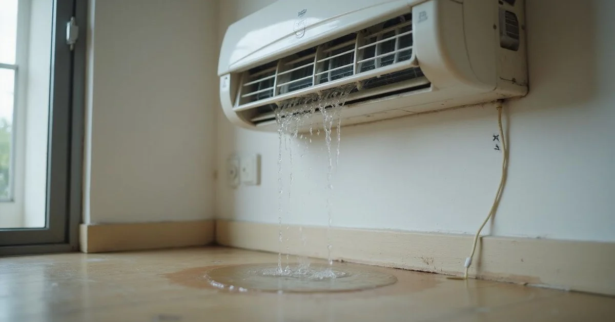 An aircon indoor unit dripping water down the wall in a Malaysian home