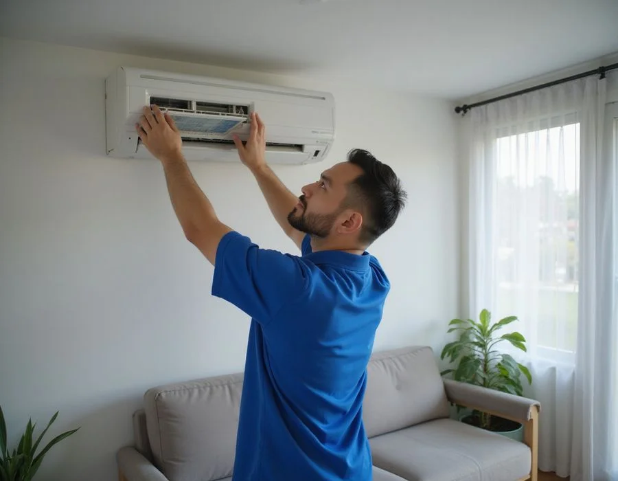 Licensed AirCond Master technician servicing a wall-mounted aircon unit in a Cheras home